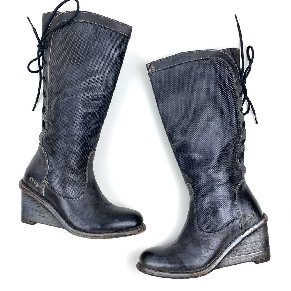 Bedstu Empress Tall Wedge Heel Boot Lace Back Leather Bench Made Gray Size 6.5